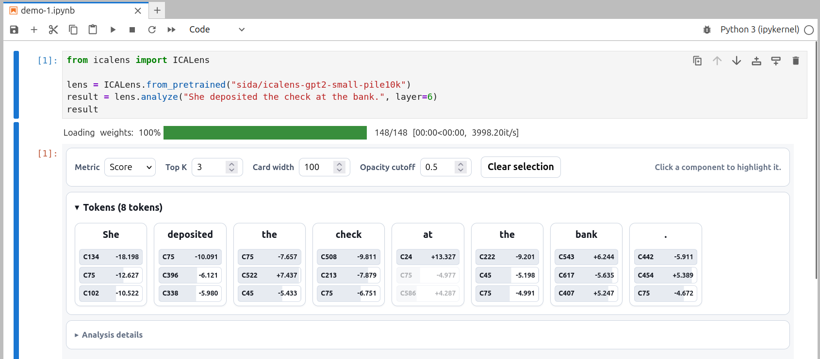 Interactive ICA Lens token-level analysis in a notebook.